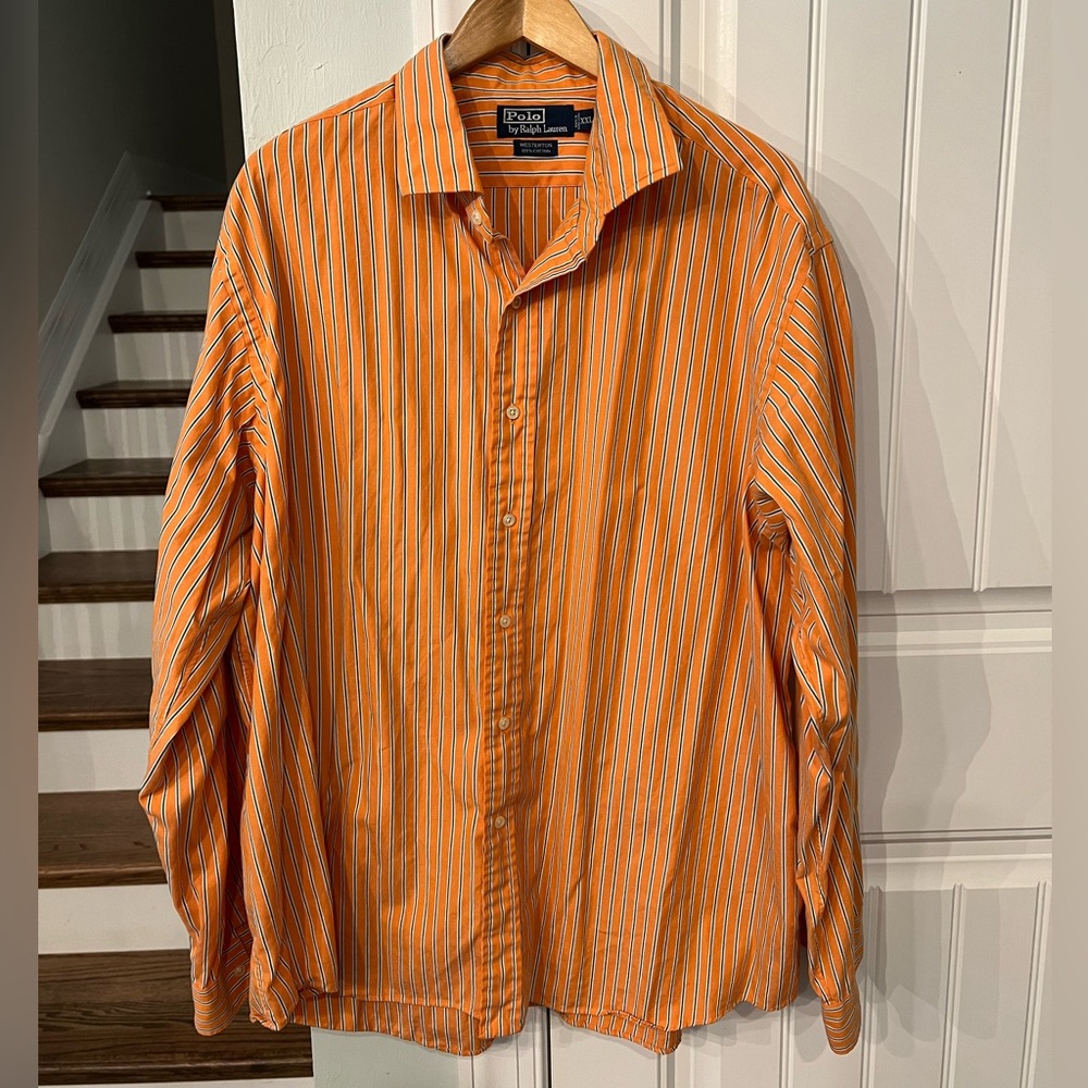 Ralph Lauren Men's Orange and White Button Down Striped Shirt XXL 2X